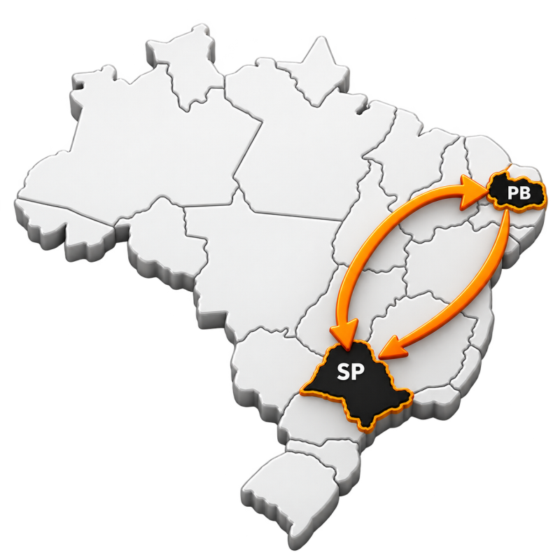 Mapa do Brasil destacando a rota entre São Paulo e Paraíba